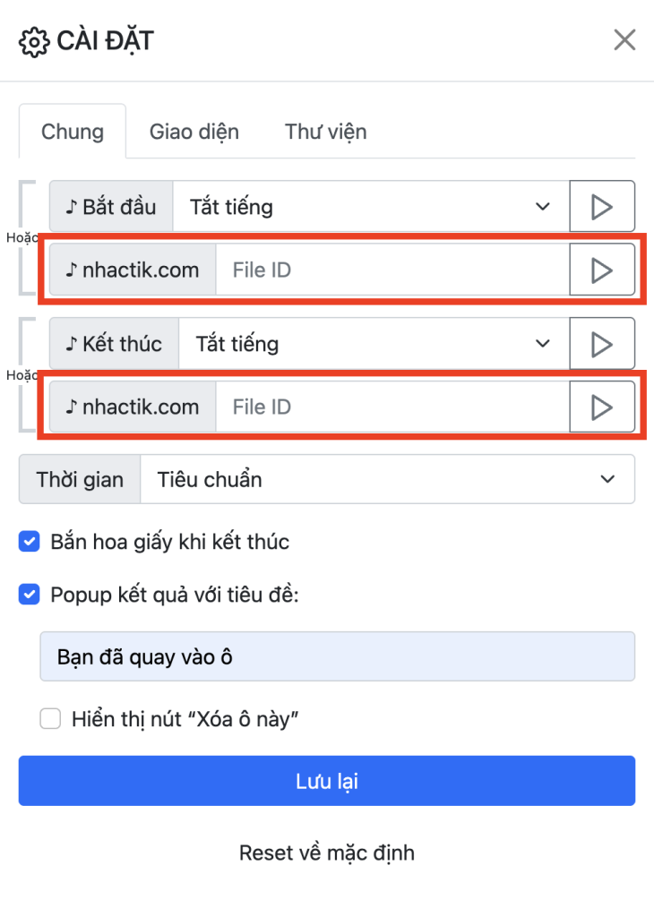 Cài đặt nhạc cho vòng quay may mắn