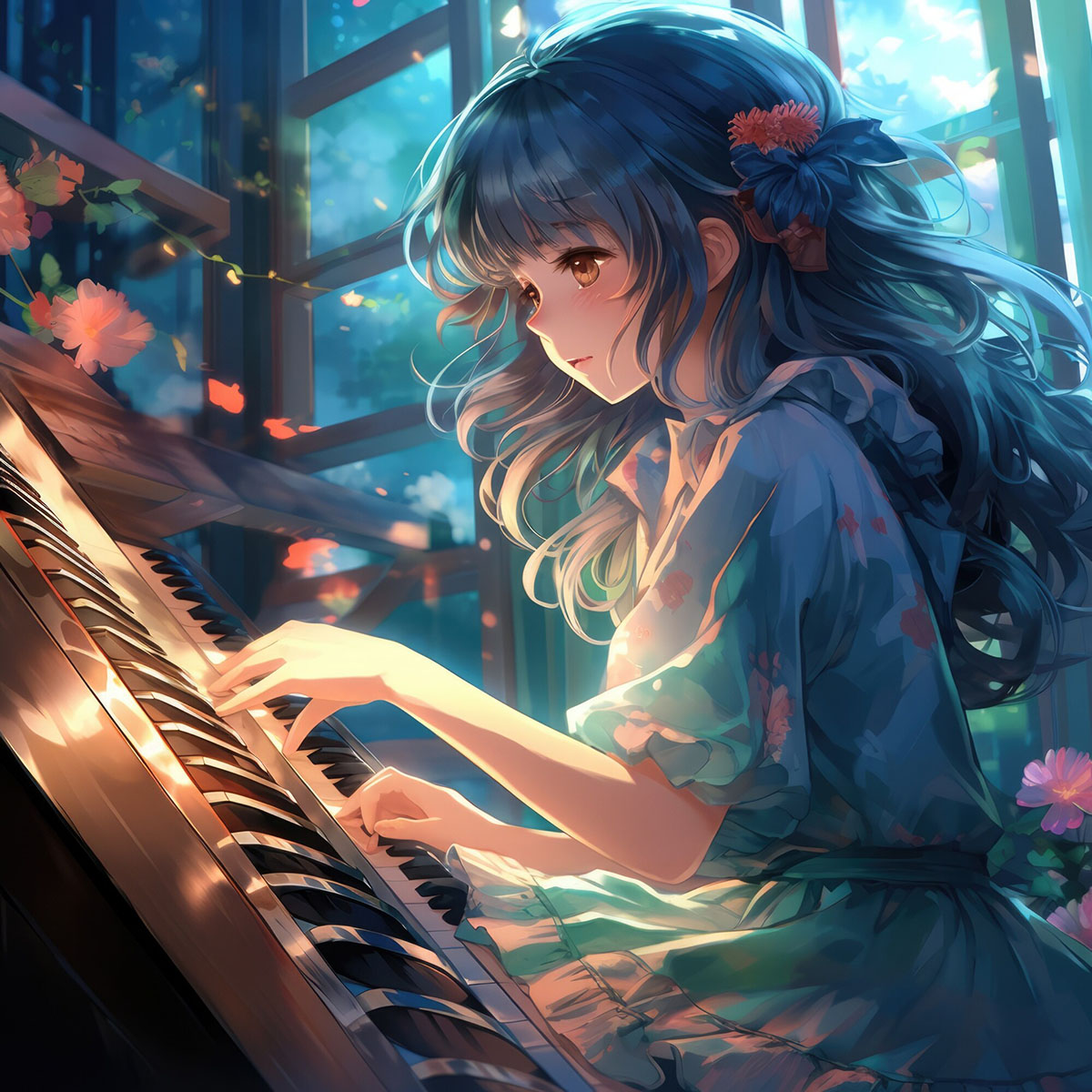 Anime character playing piano