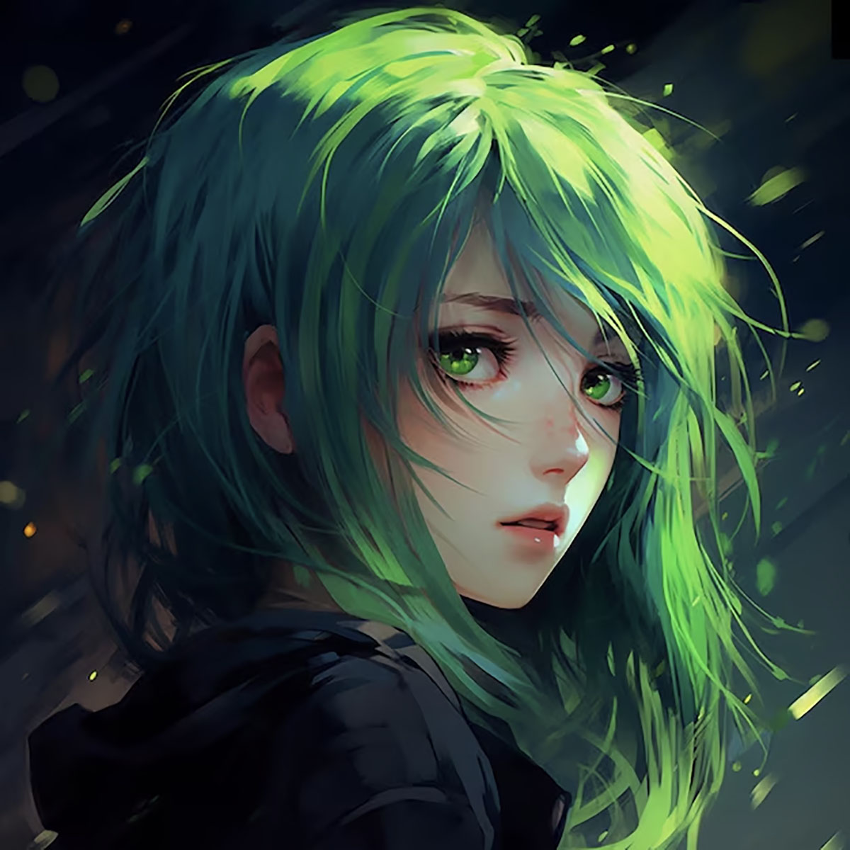 Anime girl with green hair green eyes staring camera