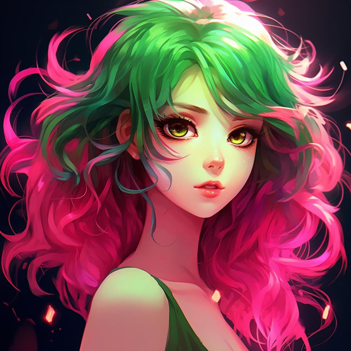 Anime girl with pink green hair green eyes
