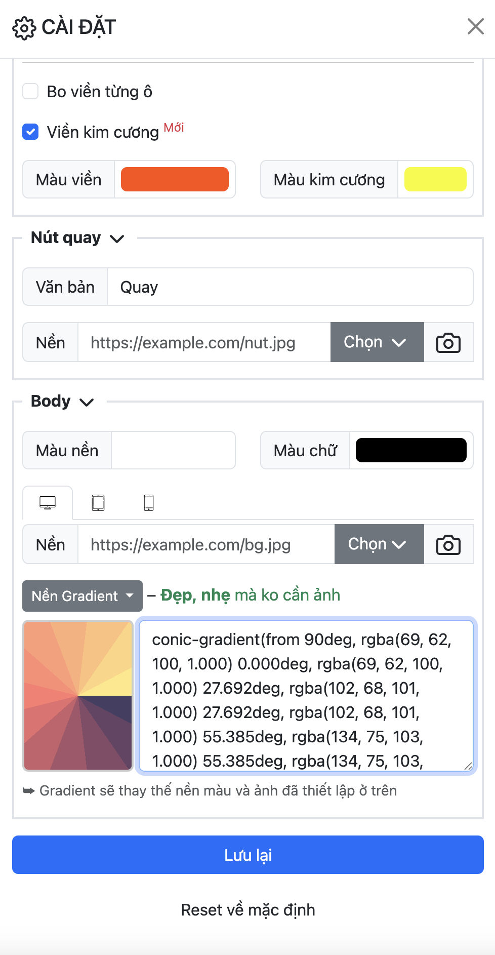 Cài đặt màu nền Gradient