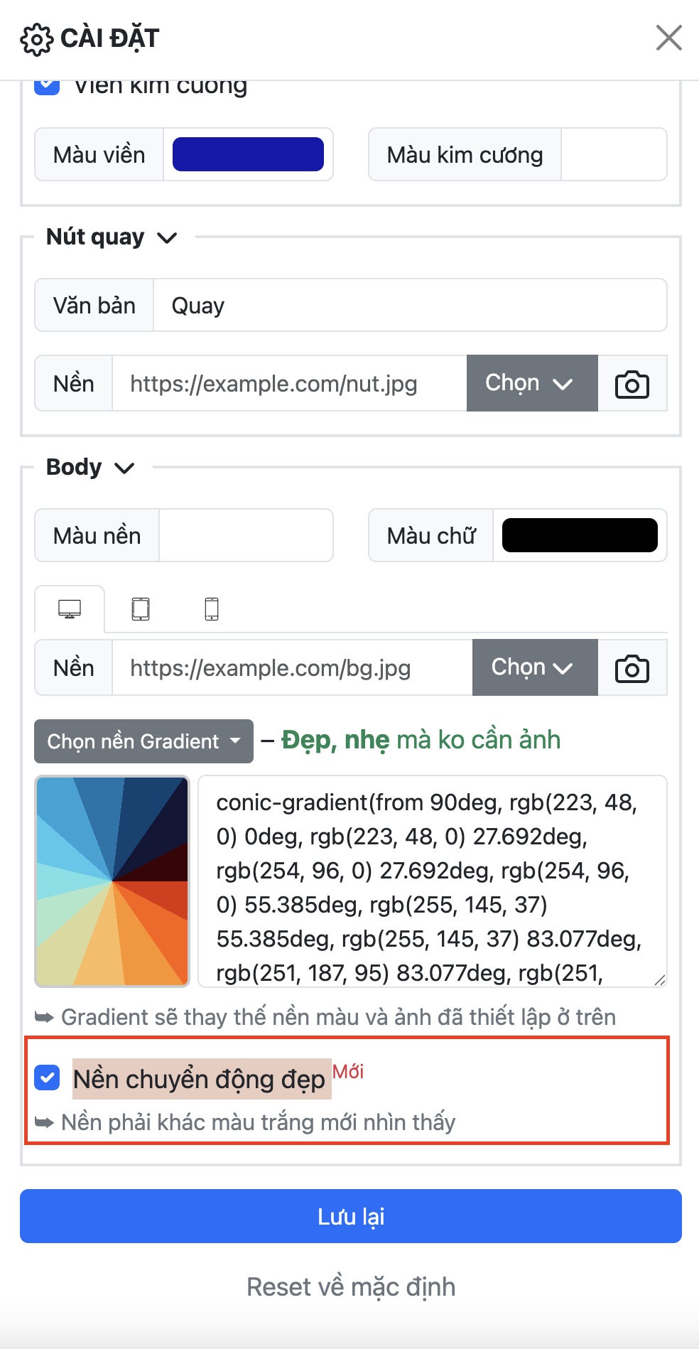 Cài đặt nền chuyển động