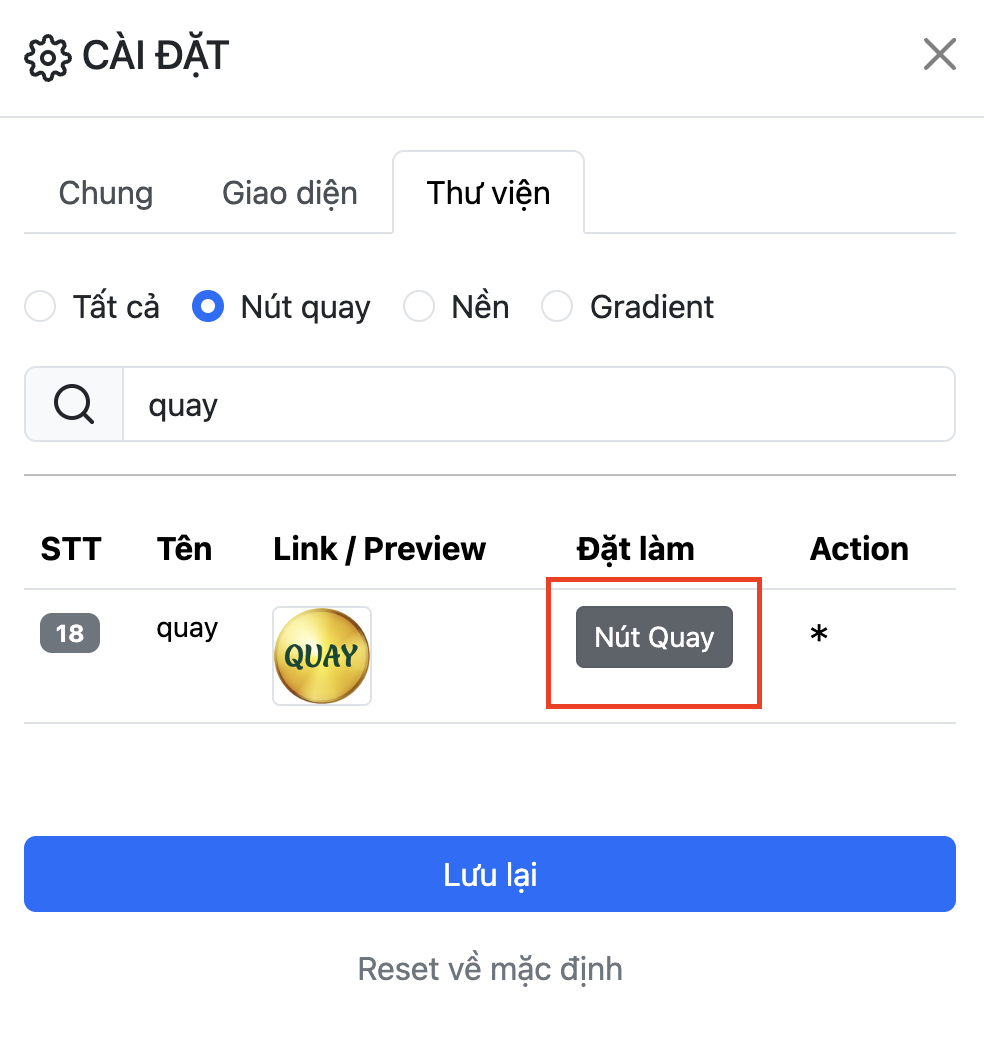 Cài đặt nút quay vòng quay may mắn